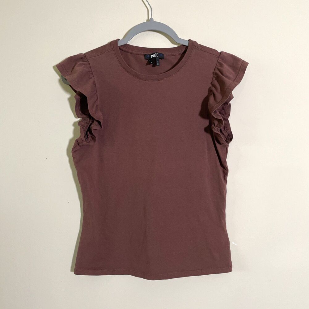 Paige Women's Erissa Ruffle Sleeve Tee Sz Small Mocha Brown Cotton Casual Office - Picture 2 of 9